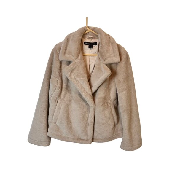 French Connection Large Women Winter Faux Fur Short Coat Notched Lapel Jacket - Picture 2 of 11